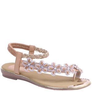 Italina Tan Floral Rhinestone Bling Gold Woven Slingback Flat Sandal